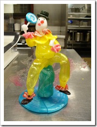 sugar sculpture of a clown holding a lollipop