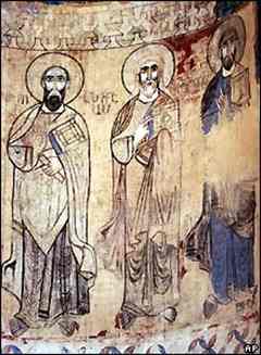 Frescoes of saints adorn the inside of the tower. Frescoes of saints adorn the inside of the tower.