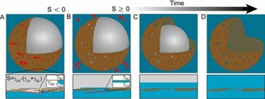 The authors' schematic of clay vesicle formation, showing a cut-away view of the clay shell and dissolving bubble at the top, and a view of the water-air interface at the bottom. Image courtesy of Anand Bala Subramaniam. 0002