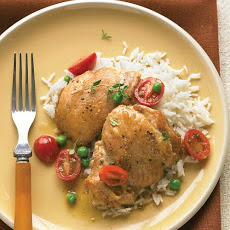 Braised Chicken with White Wine, Tomatoes, and Peas