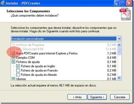 Barra de diálogo instalado PDFCreator Cuadro de diálogo que instalará la barra de PDFCreator