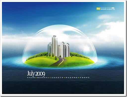 3D July 2009 Sea Island Desktop Wallpaper Calendar