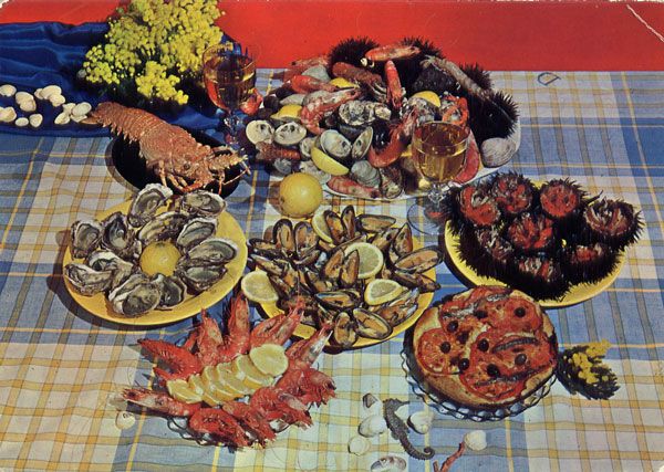 Cartes Postales Pop et  Kitsch des années 50, 70 et 70 coquillages et crustacés / seafood platters