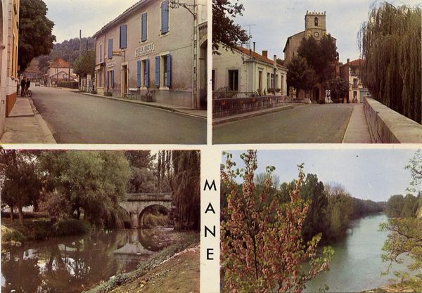 Cartes Postales Pop et  Kitsch des années 50, 70 et 70 - Pop and kitsch vintage postcards from the fifties, the sixties and the seventies : MANE (H.G.) La ville, l'église, le pont sur l'Arbas, le Salat.