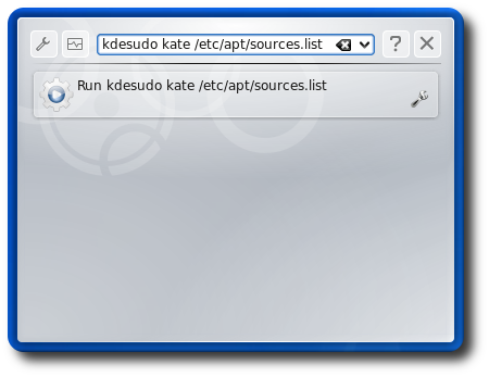 screen shot of krunner command to edit apt sources.list