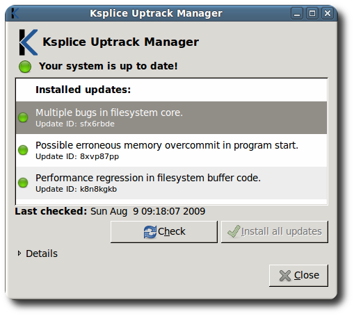 picture of ksplice showing after applying the updates