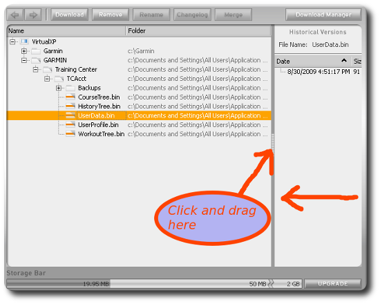 picture showing Spideroak and historic versions of userdata.bin
