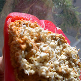 Bell pepper boat filled with nut/veggie pate and topped with quinoa sprouts