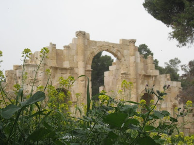 Arch and wildflowers in Jerash Jordan