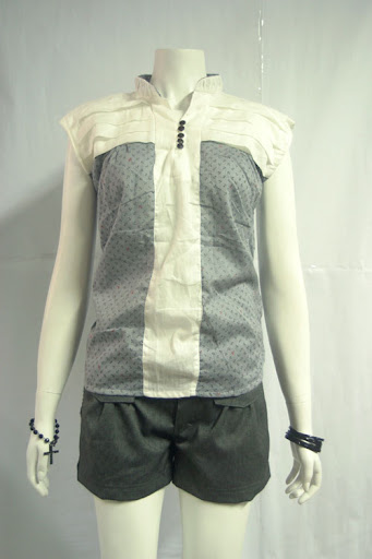 Sleeveless pleated shoulder blouse. Black anchor print on grey cotton. MPDR0409-010 S$33.90 PTP: 15" STH : 23"