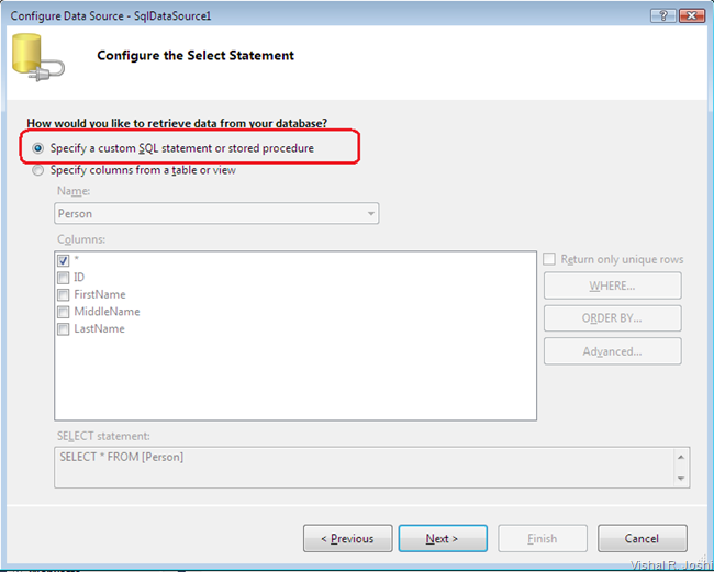 specify custom SQL Statement