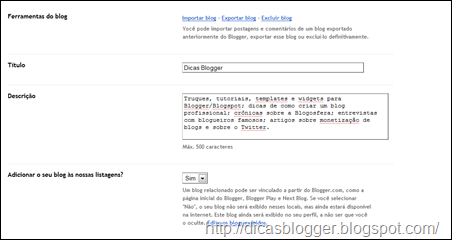 configurações básicas do Blogger