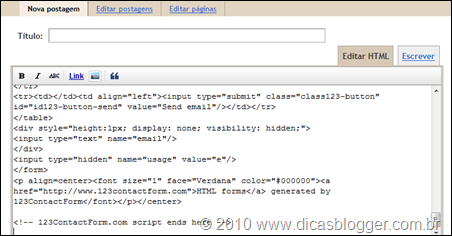 Colando o código em um post ou página 123contactform-blogger