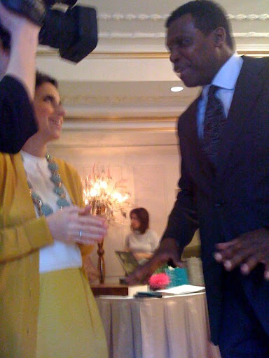 Mark Ingram and I taping a video segment. Several beautiful dresses from his atelier were on display.