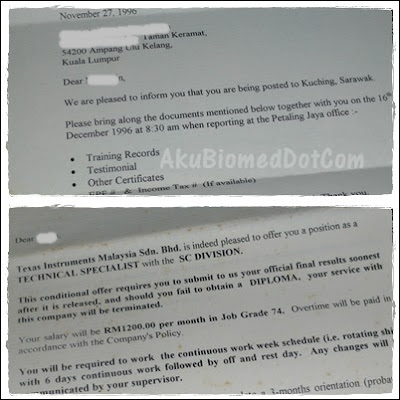 Surat tawaran kerja Texas Instruments dan Faber Medi-Serve