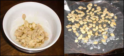 Pumpkin seeds spread out to cook.