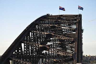 top of Sydney Harbour Bridge with bridge walkers