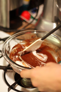 picture of one quarter of egg white mixture added to chocolate mixture