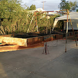 Back at my cousin Hughs house, I used the mobile home jacks to level out the two sections to square and cut the sections in preparation to be welded.
