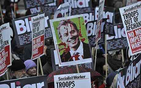 Demonstators outward the Iraq Inquiry in London Iraq exploration the key questions for Tony Blair