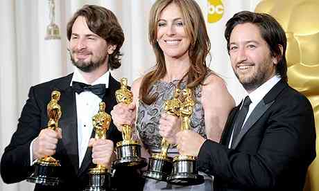 Mark Boal, Kathryn Bigelow and Greg Shapiro with the majority appropriate design Oscars