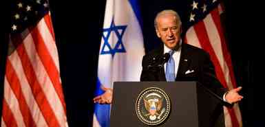 US Vice President Joe Biden gestures during a speech, at the Tel Aviv university, in Israel