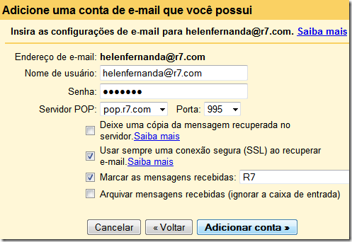 Adicionar uma conta de e-mail