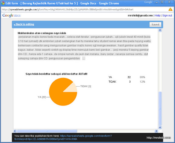 Google docs menunjukkan report keseluruhan online form