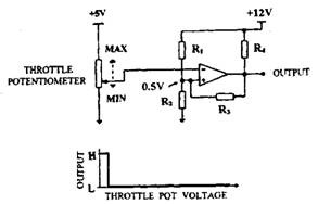 Schmitt trigger comparator circuit used to detect when a throttle potentiometer is at the idle position. 