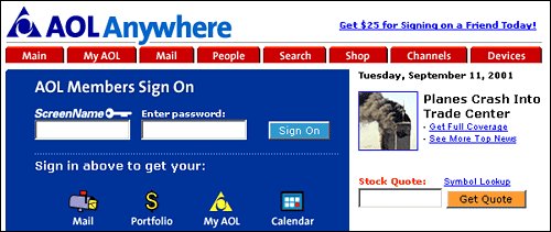 AOL.com home page, screenshot 9/11/01