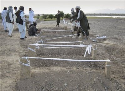 Afghan villagers mark new burial site of victims who were allegedly killed during the coalition airstrikes in Bala Baluk district of Farah province, Afghanistan, on Tuesday, May 5, 2009. The international Red Cross said Wednesday that its officials saw women and children among dozens of dead bodies in two villages in western Afghanistan targeted in U.S. bombing runs. (AP Photo)