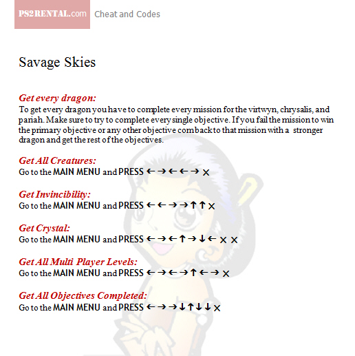 Savage Skies  ,playstation 2 cheat code reviews features