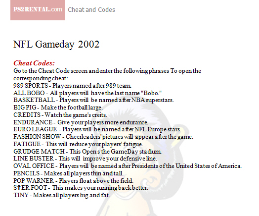 NFL Gameday 2002 ,playstation 2 cheat code reviews features