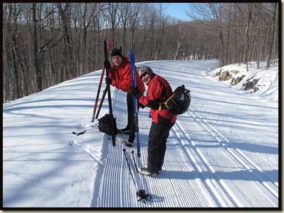 Re-waxing skis on the trail