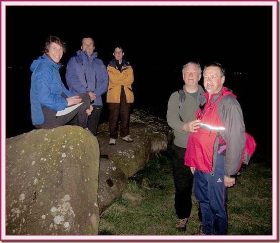Sue, Andrew, Judith  and two Johns, after dusk at Denhall Quay