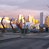 Lovely morning with light hitting the residential towers of Vancouver behind the plaza of the Vancouver Olympic Village.