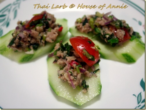 thai larb on cucumber slices