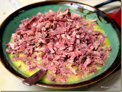 minced corned beef and beaten eggs.