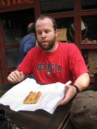 Carey Eating Burek, Its Hot!