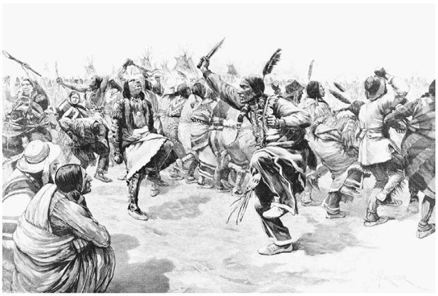 Sioux Indians Performing the Ghost Dance. Native American ceremonial practices, especially the Lakota Sioux Ghost Dance of that late nineteenth-century Great Plains of North America, received considerable attention from European observers.