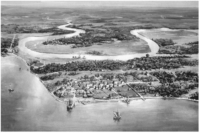 Jamestown, Virginia. Situated on the banks of the James River in present-day Virginia, Jamestown was established by the Virginia Company in 1607 and became the first permanent English settlement in America. Jamestown is depicted here as it may have looked in the early seventeenth century.  