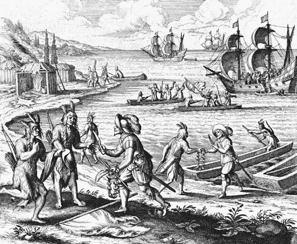 Theodor de Bry s late sixteenth-century engraving depicts coastal Indians trading with the British explorer Bartholomew Gosnold and his men. The Europeans trade knives and hats for strings of wampum. 