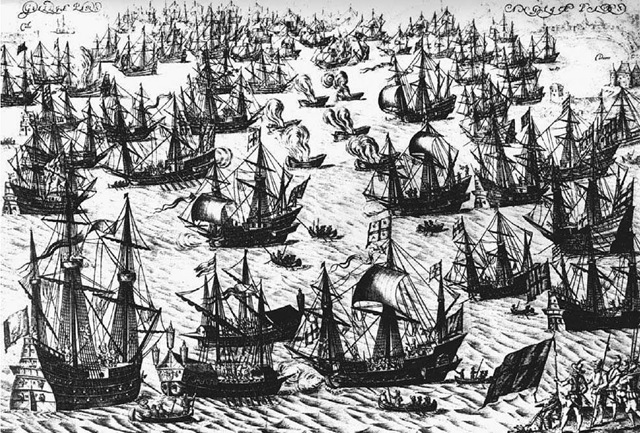 English Fire Ships Attack the Spanish Armada. Colonization halted briefly during the years of conflict between Spain and England and the appearance in 1588 of the Spanish Armada. In this engraving, England's "fire ships'' are shown infiltrating the Armada near Calais, France.