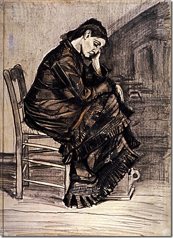 1883 Vincent Van Gogh   Femme affligée  crayon, plume et pinceau, sépia et lavis  58x42 cm  Otterlo, Kröller-Müller Museum