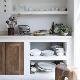 White bright airy kitchen open shelves crockery glassware display marble worktop Dualit toaster detail real home L etc 08/2007 pub orig