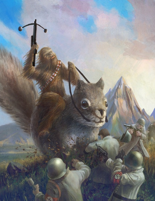  Chewbacca, cavalgando um esquilo gigante, detonando nazistas