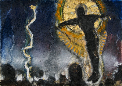 "Ezekiel’s Wheel," 2006, raw pigment, pastel, and gold leaf on paper, 4.5"x6.5"