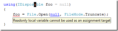ReSharper showing an error when trying to assign to to a variable declared inside a using statement