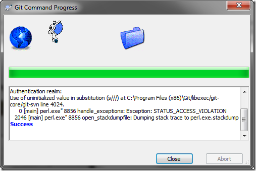 TortoiseGit showing a perl.exe crash and the text "success" in bold letters TortoiseGit showing a perl.exe crash and the text "success" in bold letters