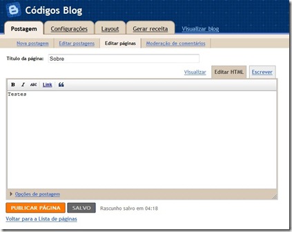 nova pagina blogger